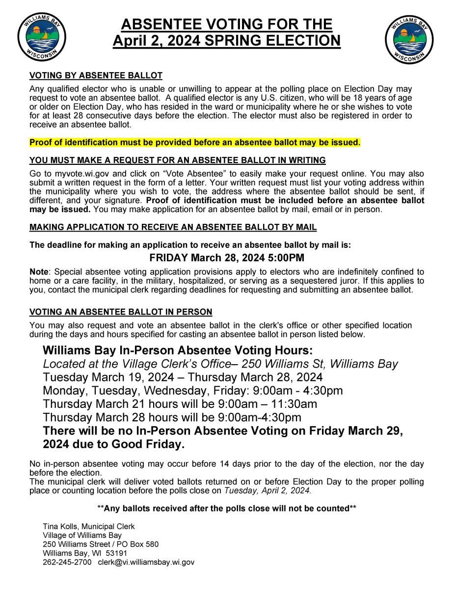 In-Person Absentee Voting for the April 2, 2024 Spring Election