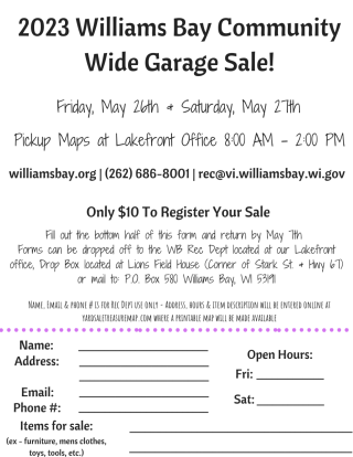 2023 Williams Bay Community Wide Garage Sale!