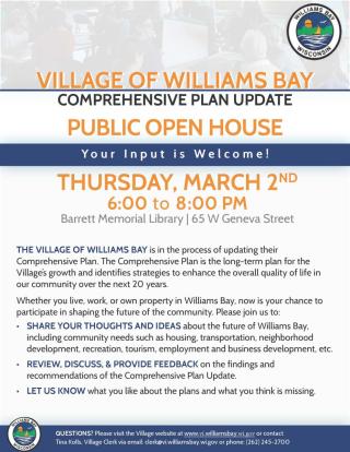 Williams Bay Comprehensive Plan Public Open House Thursday, March 2nd, 2023 from 6:00 PM to 8:00 PM